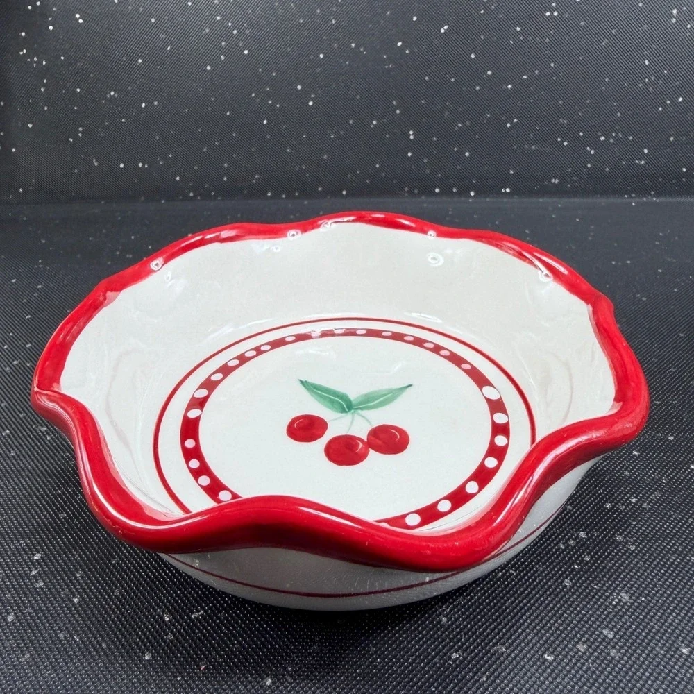 Crate & Barrel Mesa Cherry Pie Dish Bowl Individual Ramekin Set of 2 Red White